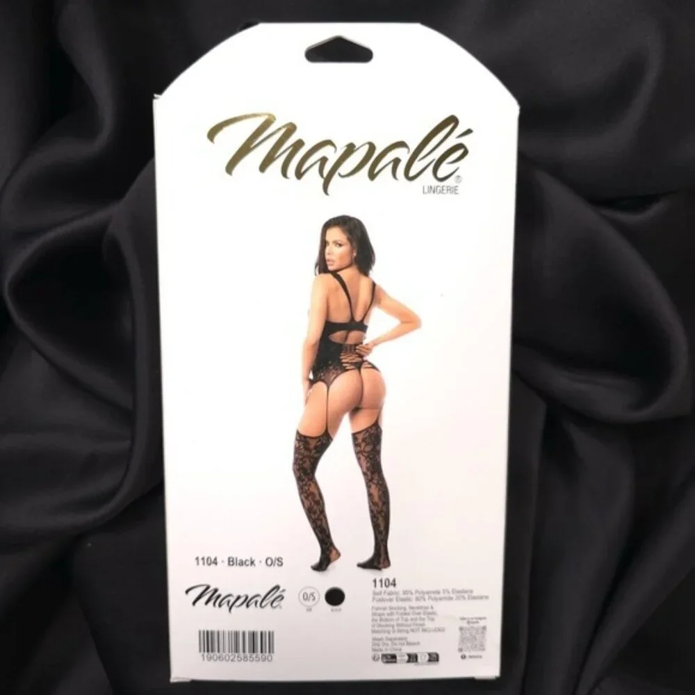 Mapale Lingerie Floral Fishnet‎ Bodice w/Attached Garters & Thigh High Stockings
